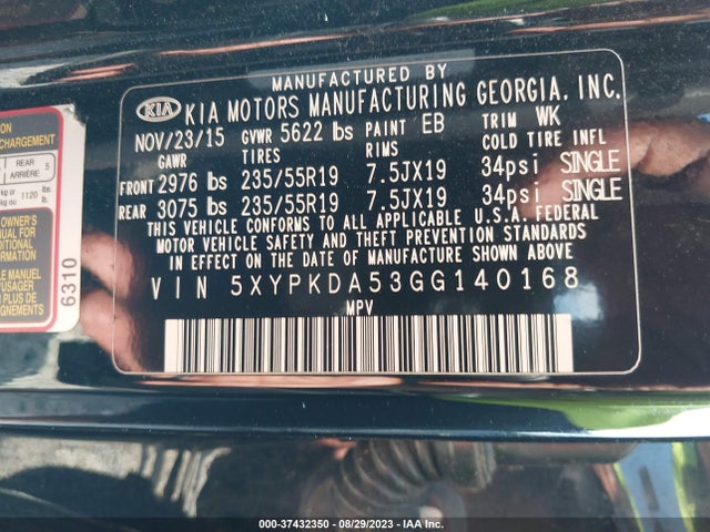 2016 KIA SORENTO SX VIN: 5XYPKDA53GG140168