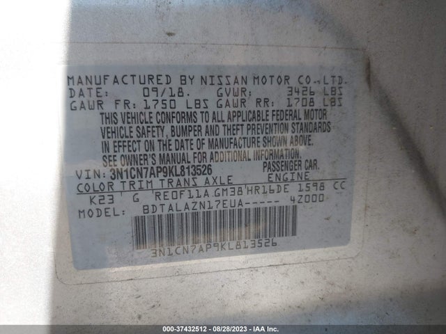 Nissan Versa Sedan S Plus 2019 3N1CN7AP9KL813526 Image 9