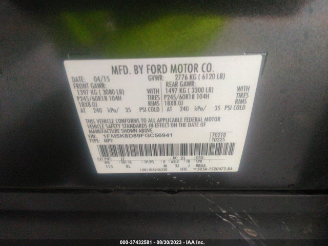 Ford EXPLORER XLT 2015 1FM5K8D89FGC56941 Image 9