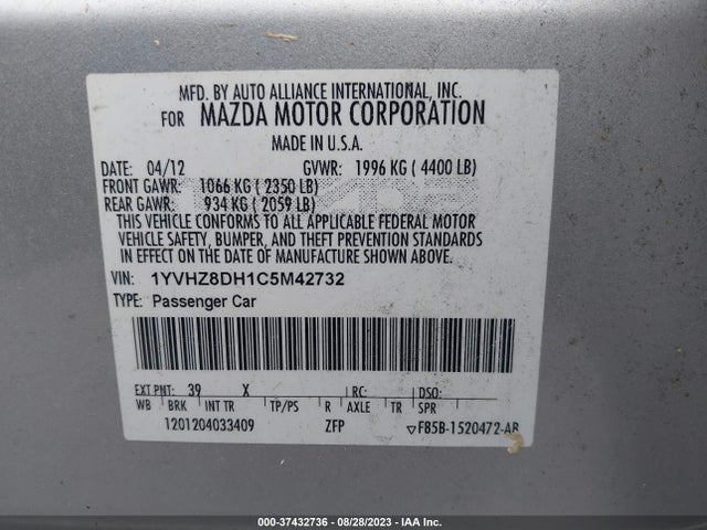 2012 MAZDA MAZDA6 I TOURING VIN: 1YVHZ8DH1C5M42732
