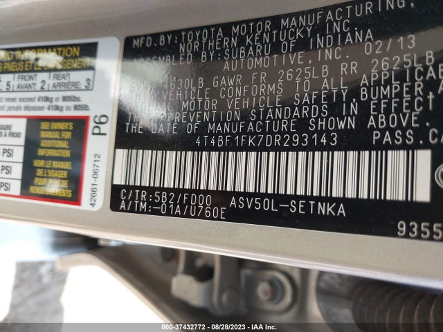 2013 TOYOTA CAMRY L/LE/SE/XLE VIN: 4T4BF1FK7DR293143