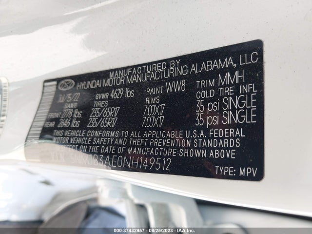 2022 HYUNDAI TUCSON SEL VIN: 5NMJB3AE0NH149512