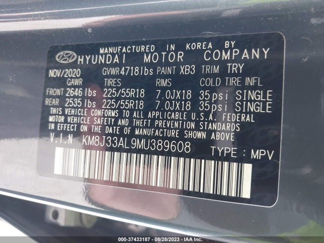 Hyundai TUCSON SEL 2021 KM8J33AL9MU389608 Image 9