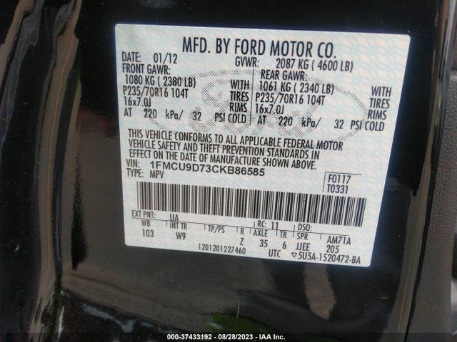 2012 FORD ESCAPE XLT VIN: 1FMCU9D73CKB86585