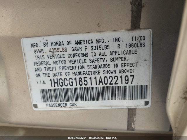 2001 HONDA ACCORD SDN EX W/LEATHER VIN: 1HGCG16511A022197