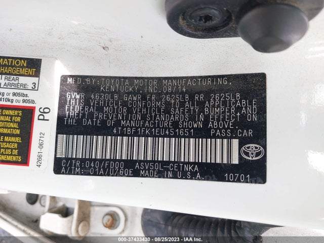 2014 TOYOTA CAMRY L/LE/XLE/SE/SE SPORT VIN: 4T1BF1FK1EU451651
