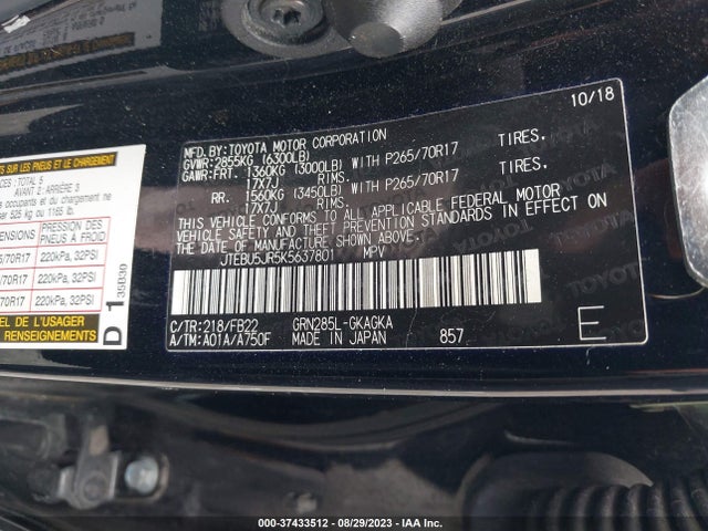 Toyota 4RUNNER SR5 2019 JTEBU5JR5K5637801 Image 9