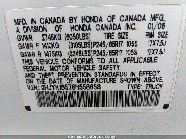 2006 HONDA RIDGELINE RTL VIN: 2HJYK16576H558658