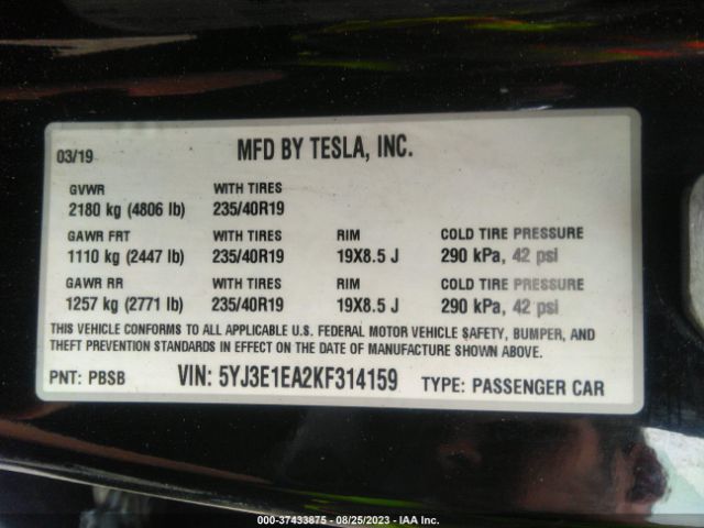 5YJ3E1EA2KF314159 Tesla Model 3 Range