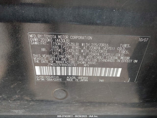 2008 TOYOTA RAV4 VIN: JTMZD33V486060747