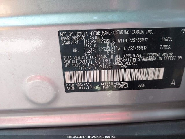2020 TOYOTA RAV4 XLE VIN: 2T3P1RFVXLC065930