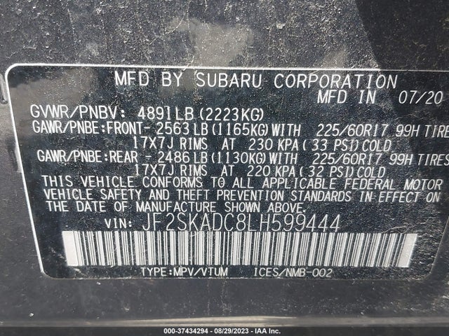 2020 SUBARU FORESTER VIN: JF2SKADC8LH599444