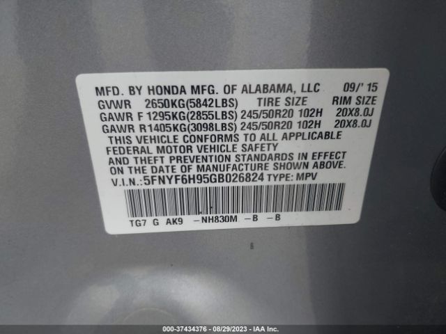 5FNYF6H95GB026824 Honda Pilot Touring