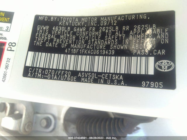 2012 TOYOTA CAMRY L/LE/SE/XLE VIN: 4T1BF1FK4CU619439