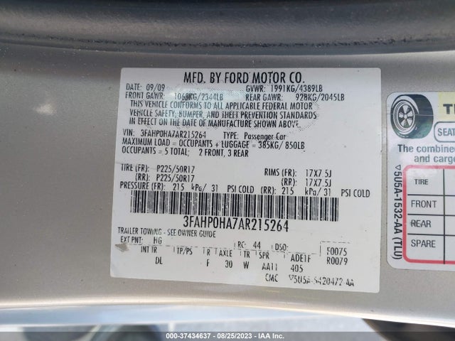 2010 FORD FUSION SE VIN: 3FAHP0HA7AR215264