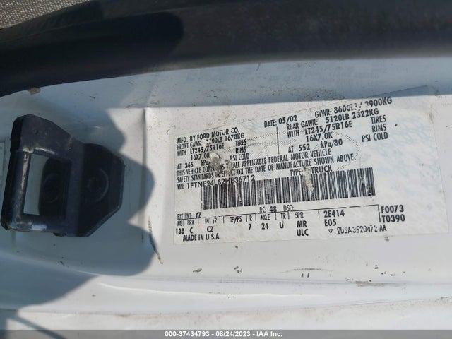 2002 FORD ECONOLINE CARGO VAN VIN: 1FTNE24L62HB36712