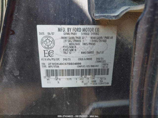 2007 FORD EDGE SEL PLUS VIN: 2FMDK49C67BB34886