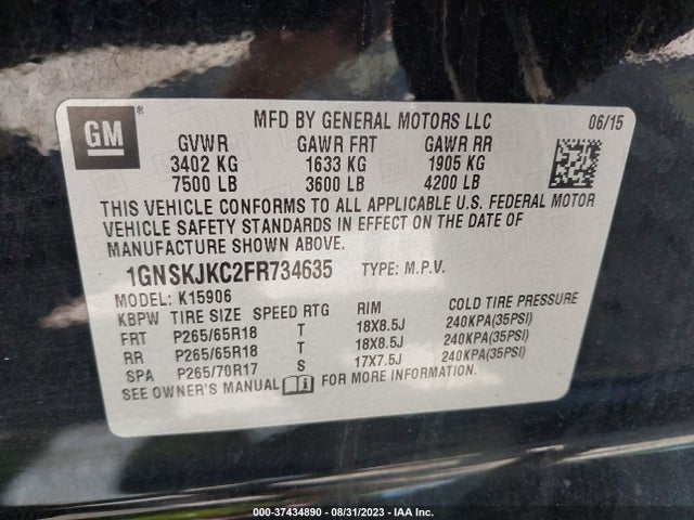 Chevrolet Suburban Lt 2015 1GNSKJKC2FR734635 Image 9