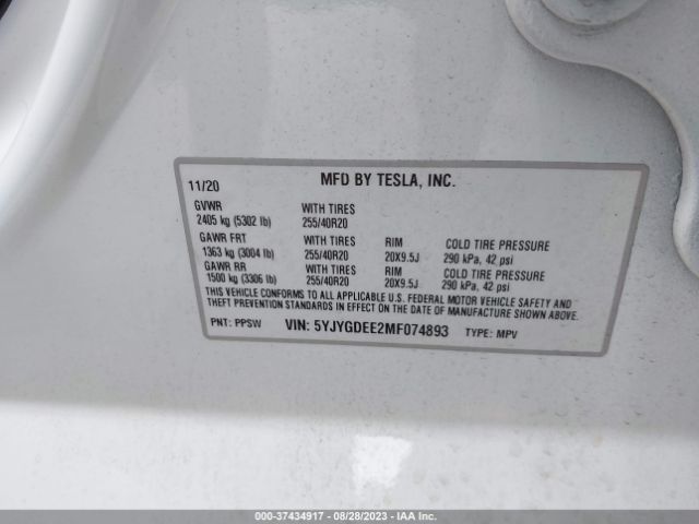5YJYGDEE2MF074893 Tesla Model Y Long Range