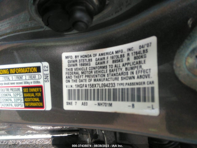 2007 HONDA CIVIC SDN EX VIN: 1HGFA158X7L094233