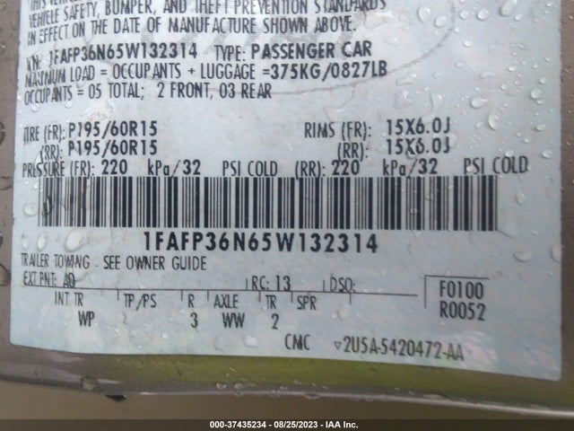 2005 FORD FOCUS SE/SES VIN: 1FAFP36N65W132314