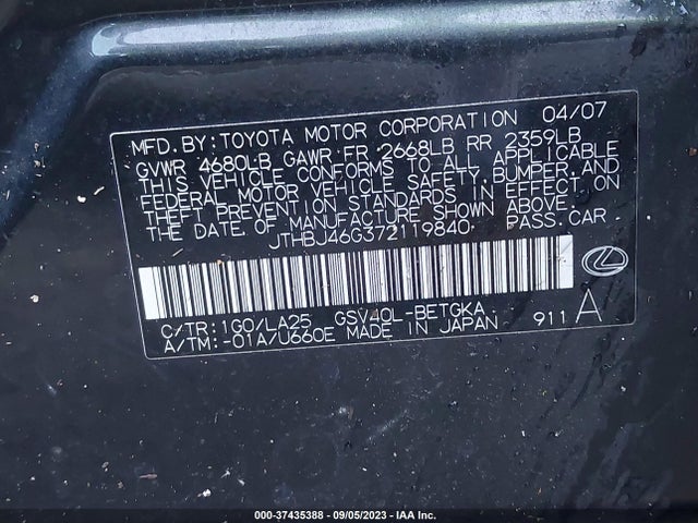 Продаж на аукціоні авто 2007 Lexus Es 350, vin: JTHBJ46G372119840, номер лоту: 37435388