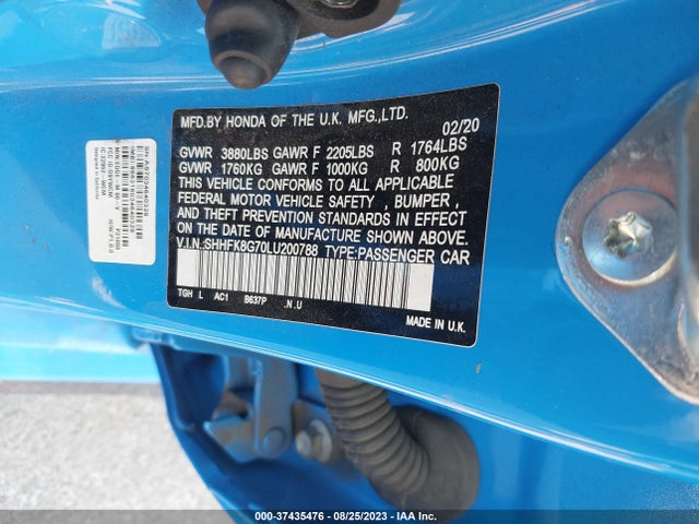 Aukcja sprzedaży 2020 Honda Civic Type R Touring, vin: SHHFK8G70LU200788, numer aukcji: 37435476