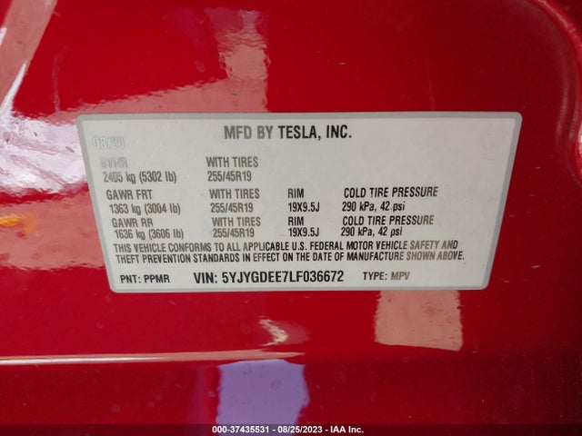 Tesla Model Y Long Range 2020 5YJYGDEE7LF036672 Image 9