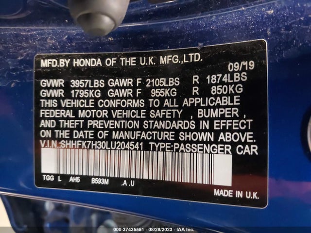 Honda Civic Hatchback Lx 2020 SHHFK7H30LU204541 Image 9