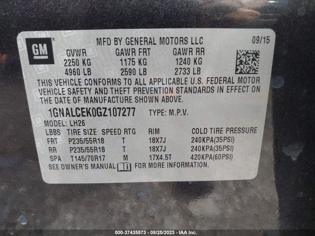 Chevrolet EQUINOX LT 2016 1GNALCEK0GZ107277 Image 9