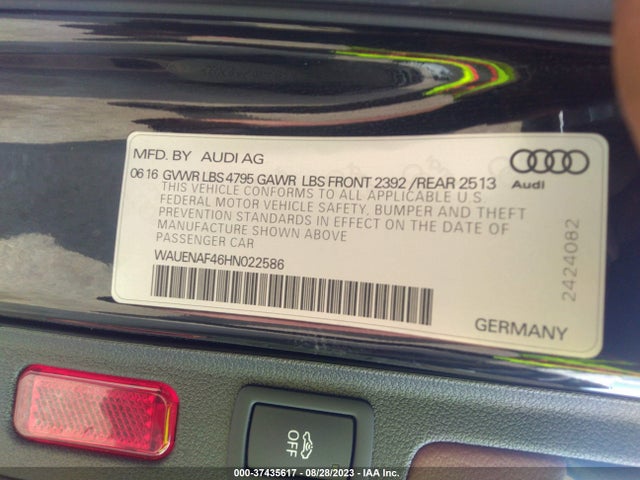 2017 AUDI A4 PREMIUM PLUS VIN: WAUENAF46HN022586