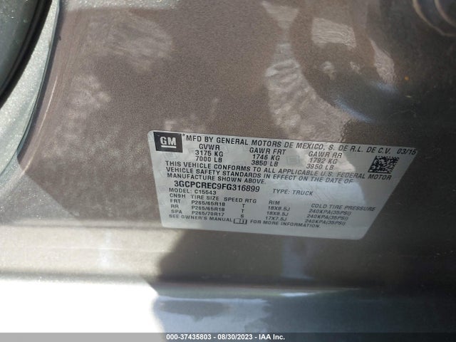 2015 CHEVROLET SILVERADO 1500 LT VIN: 3GCPCREC9FG316899