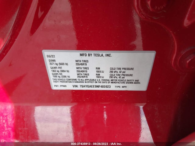 Tesla Model Y Long Range 2022 7SAYGAEE9NF485923 Image 9