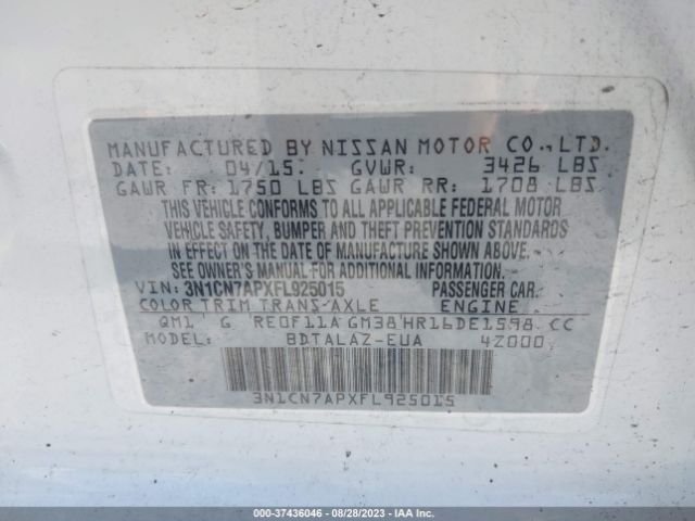 3N1CN7APXFL925015 Nissan Versa S Plus