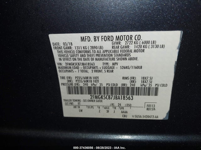 2018 FORD FLEX SEL VIN: 2FMGK5C87JBA18563