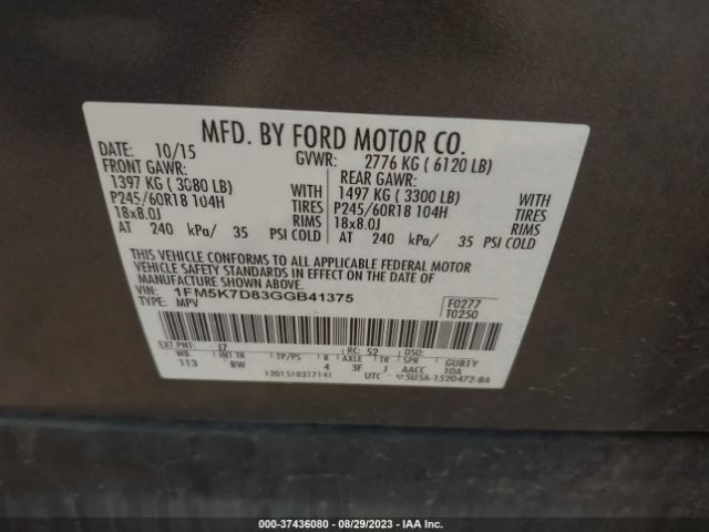 Ford EXPLORER XLT 2016 1FM5K7D83GGB41375 Image 9
