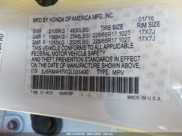 Honda Cr-v Ex-l 2016 5J6RM4H7XGL031490 Image 9