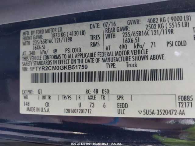 1FTYR2CM0GKB51759 Ford TRANSIT CARGO VAN