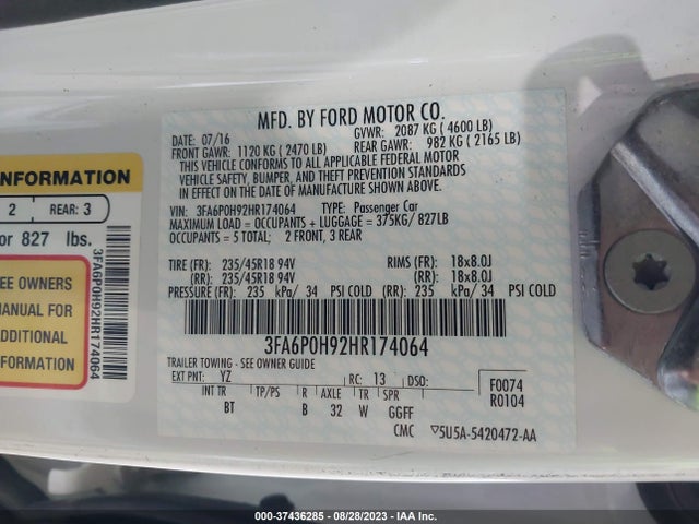 2017 FORD FUSION SE VIN: 3FA6P0H92HR174064