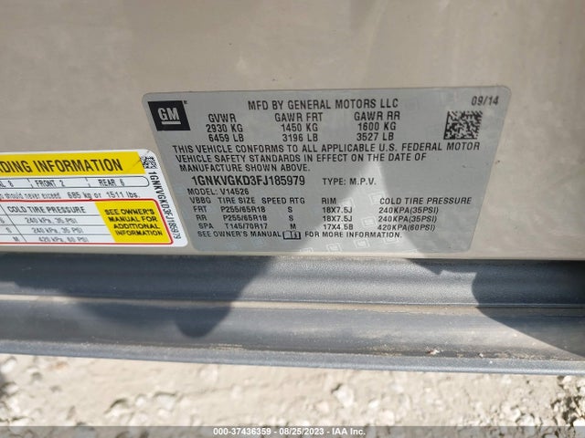 Chevrolet Traverse Lt 2015 1GNKVGKD3FJ185979 Image 9