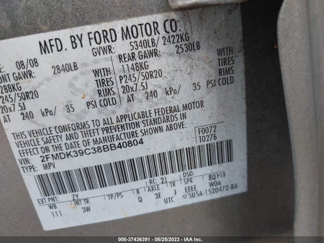 2008 FORD EDGE LIMITED VIN: 2FMDK39C38BB40804