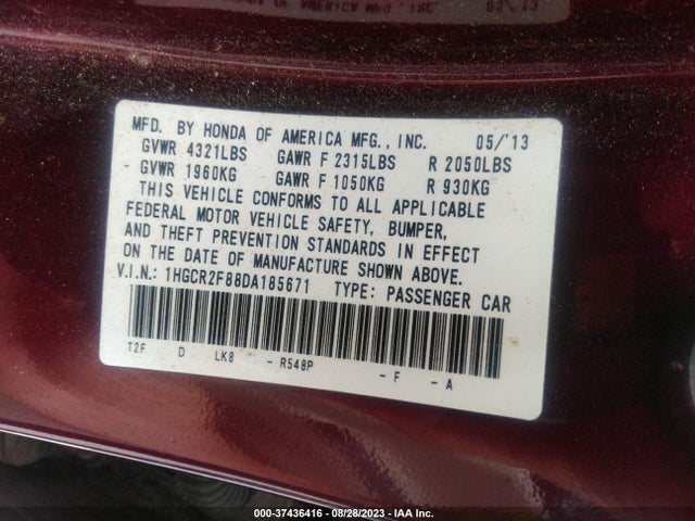 2013 HONDA ACCORD SDN EX-L VIN: 1HGCR2F88DA185671