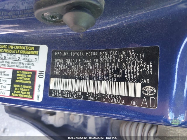 2014 TOYOTA COROLLA L/LE/S/S PLUS/LE PLUS VIN: 2T1BURHE0EC095643