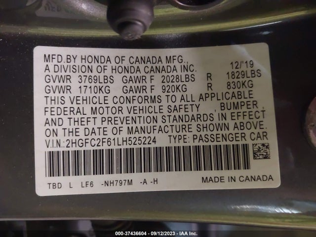 2020 HONDA CIVIC LX VIN: 2HGFC2F61LH525224