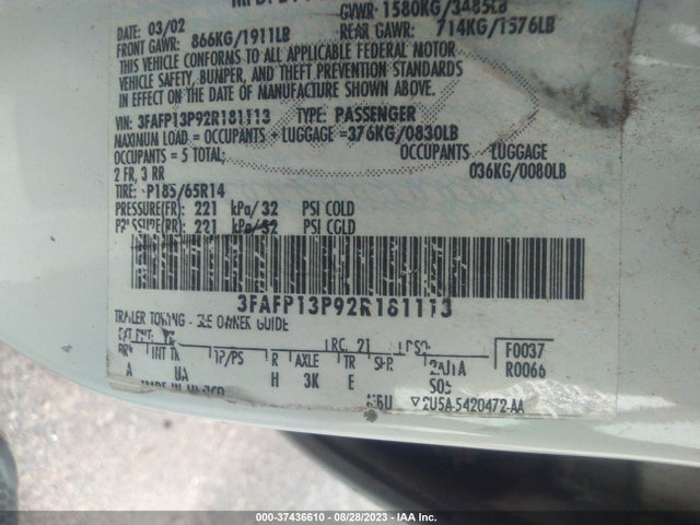 2002 FORD ESCORT FLEET VIN: 3FAFP13P92R181113