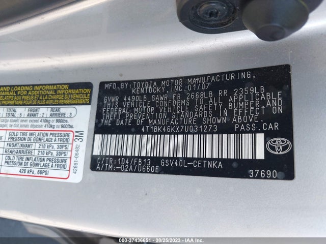 2007 TOYOTA CAMRY LE/SE/XLE VIN: 4T1BK46KX7U031273