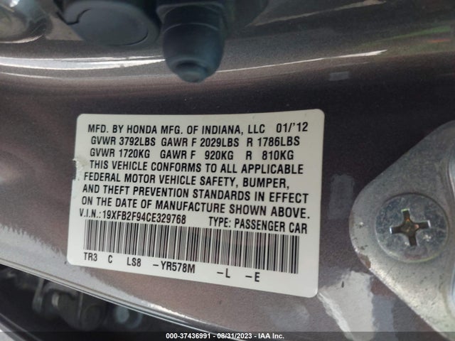 2012 HONDA CIVIC EX-L VIN: 19XFB2F94CE329768