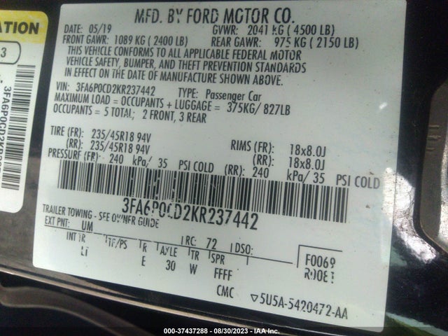 2019 FORD FUSION SEL VIN: 3FA6P0CD2KR237442