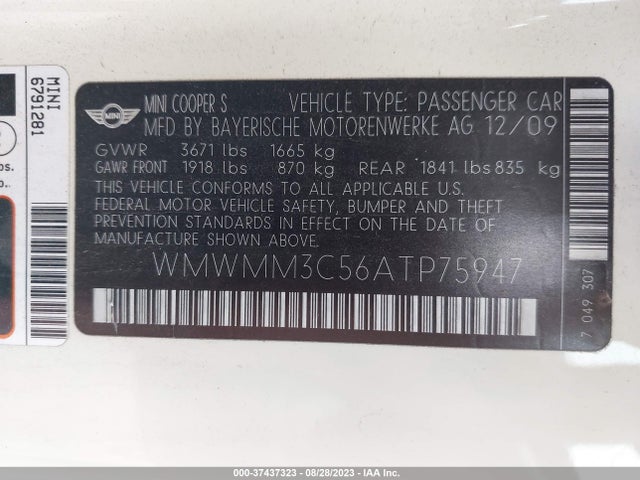 2010 MINI COOPER CLUBMAN S VIN: WMWMM3C56ATP75947