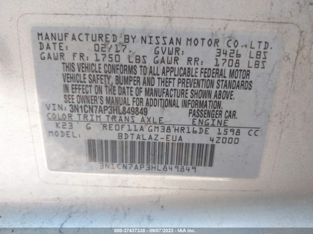 3N1CN7AP3HL849849 Nissan Versa Sedan S Plus